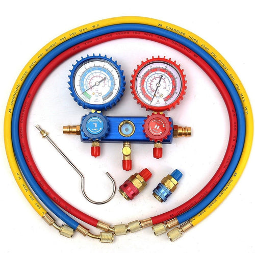 1 Set Car Manifold Gauge + Quick Couplers + Hook with 90cm Charging Hoses For R134A Refrigerant Air Conditioning A/C System